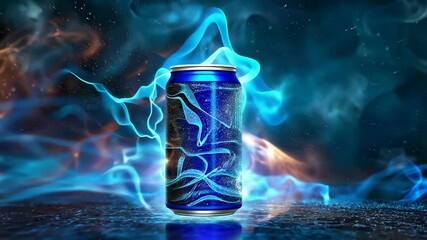 Poster - sparkling can surrounded by electric blue energy on a dark background