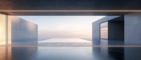 Poster - Minimalist Liminal Architecture A Journey Through Endless Transition  This image depicts a serene minimalist architectural space with clean lines symmetry