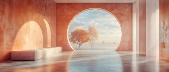 Poster - Serene and tranquil transitional space with a minimalist abstract design and surreal visual elements  Soft hues natural light and a circular window create a contemplative and dreamlike atmosphere