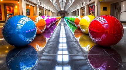 Colorful spheres line a reflective corridor.