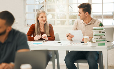 Aufkleber - Architecture, collaboration and documents with business people in office together for building or construction. Blueprints, model or planning with man and woman property developer team in workplace
