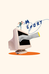Aufkleber - Vertical photo collage of happy businessman run megaphone pc monitor memory information data freelance isolated on painted background