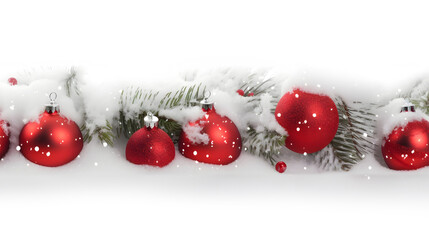 Wall Mural - red christmas balls, baubles, pine cones and spruce branches in a row covered with snow on white bac