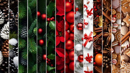 Wall Mural - Abstract background with seasonal and winter stripes with plant, leaf, ball, cone, spice, sweets and gifts texture. Horizontal composition. Concept of Christmas, holiday and New Year.