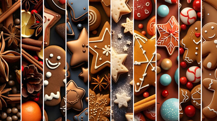 Wall Mural - Colorful abstract background with Christmas sweet, gingerbread piece and cookie stripes. Concept of Christmas, holiday and New Year food. Horizontal composition, banner.