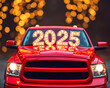© Evgeniia - the glowing and shining numbers 2025 on red car, christmas illumination in the background