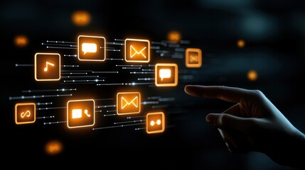 Poster - Finger pointing at illuminated speech icons within a digital network grid modern technology design emphasizing virtual interaction and messaging