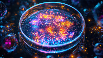 Poster - vibrant display of colorful bacteria spreading on petri dish, showcasing mesmerizing blend of glowing hues in dark setting. image captures beauty of microscopic life