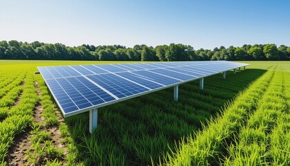 A large solar panels array in a green field under a bright blue sky with scattered clouds, capturing sunlight efficiently. AI generated.
