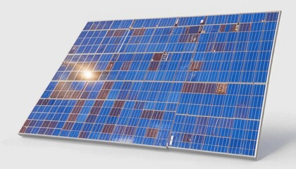 A large solar panels array in a green field under a bright blue sky with scattered clouds, capturing sunlight efficiently. AI generated.

