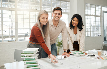 Poster - Blueprint, portrait and smile with architect people in office together for building or construction. Documents, model or tablet with man and woman property developer team in workplace for planning