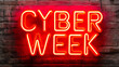 © avaye - Red neon 'Cyber Week' sign on brick wall, Bold and eye-catching design, Perfect for retail promotions or event branding