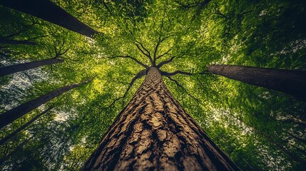 Poster - Majestic View from Below of Towering Forest Trees and Green Canopy : Generative AI