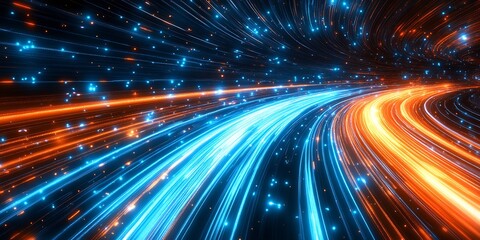 Fototapete - Long Exposure of Neon Blue and Orange Light Trails in Motion : Generative AI
