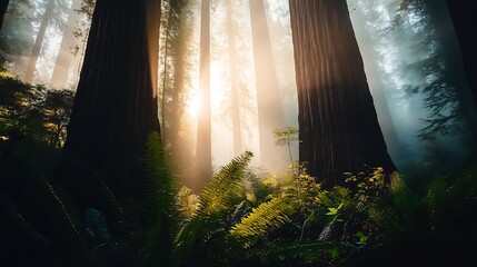 Poster - Majestic forest with sunlight filtering through towering redwoods in serene natural setting of woodland harmony : Generative AI