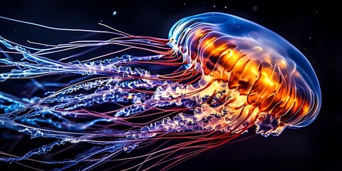 Poster - Glowing Orange and Blue Jellyfish with Long Tentacles in Ocean : Generative AI