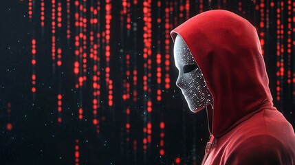 Poster - Cybernetic figure in a red hoodie against a digital background.