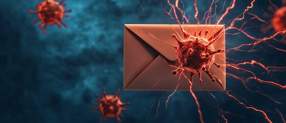 Poster - Envelope surrounded by virus-like particles on a dark background.