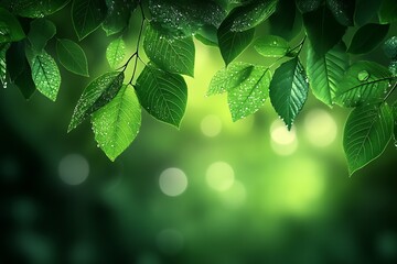 Poster - Vibrant green foliage with dew drops against a softly blurred bokeh background : Generative AI