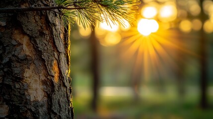 Poster - Rustic Forest Scene with Sunlight Piercing Through Pine Trees in Serene Environment : Generative AI