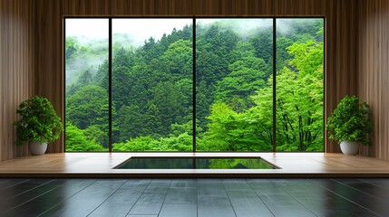 Poster - Modern interior with large windows showcasing lush greenery outside.