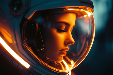 Wall Mural - Woman astronaut in the helmet with orange light.