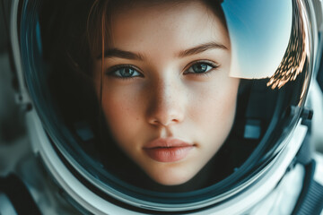 Wall Mural - Young woman astronaut in helmet.
