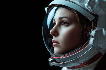 Wall Mural - Young woman astronaut portrait in helmet on black background.