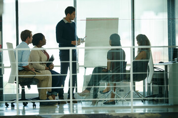 Poster - meeting, planning and presentation with business people in office together for collaboration or disc