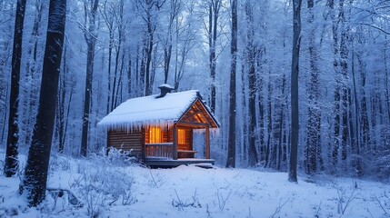 Wall Mural - Frosty wonderland forest with a cozy cabin illuminated in the evening light