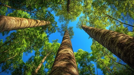 Poster - Imposing Woodland View of Towering Green Trees and Clear Blue Sky : Generative AI