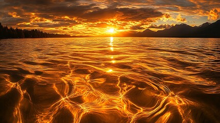 Poster - Vibrant Fiery Sunset Over Majestic Lake Reflecting Golden Ripples and Scenic Mountains : Generative AI