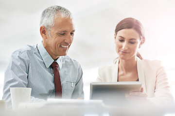 Poster - Teamwork, business people and tablet for planning, training or feedback with mature mentor. Coaching intern, happy manager or collaboration with tech for help with sales budget or finance in office