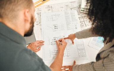 Poster - Office, architecture and business people with blueprint for drawing, planning and project management. Collaboration, employees and architect team by above with floor plan, building design and sketch