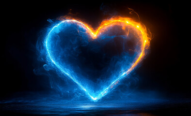 Poster - A heart made of blue and orange flames. The blue and orange flames are lit up and the heart is surrounded by smoke