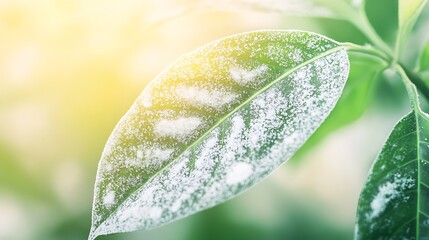 Poster - Vibrant Spring Frost on Green Leaf with Sunlit Background for Fresh Botanical Displays : Generative AI