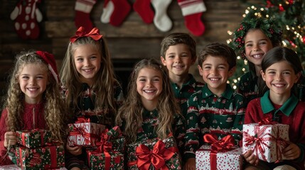 Wall Mural - Group of kids with Christmas presents in hand, smiling and surrounded by holiday decor.