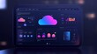 © siyons - Cloud computing dashboard on tablet displaying data analytics, charts, and graphs.