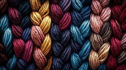 Poster - Multicolored braided yarn closeup showcasing vibrant textile textures for crafting projects : Generative AI
