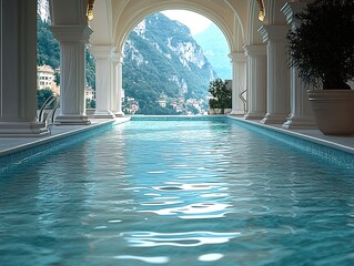 Aufkleber - Elegant infinity pool in Mediterranean setting with stunning mountain scenery : Generative AI