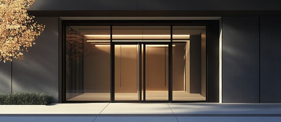 Poster - Contemporary Commercial Building Front With Warm Lighting And Glass Exterior At Dusk : Generative AI