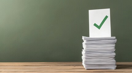 Poster - Register approval Stack of papers with a checkmark signifying approval or completion.