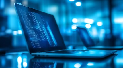 Laptop on a Glossy Desk with Digital Code Displayed on Screen in a Highlighted Tech Environment : Generative AI