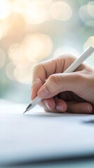 Poster - Office worker diligently takes notes with a pen. Creating a busy workday scene in a corporate setting. The image conveys professionalism and dedication in finance. Accounting. Marketing. And sales