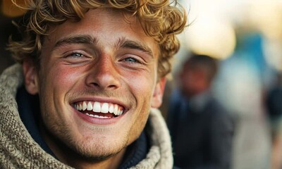 Wall Mural - Smiling young man with curly hair and blue eyes in cozy sweater radiates joy and warmth outdoors, creating cheerful atmosphere filled with happiness.