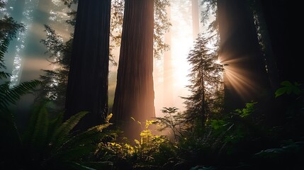 Poster - Serene Redwood Forest with Sunlight Streaming through Towering Tree Canopy : Generative AI