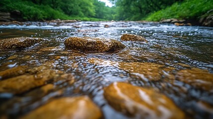 Aufkleber - Serene shallow river with flowing water and smooth stones in lush green forest setting : Generative AI
