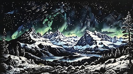 Wall Mural - Majestic snow-capped mountains under a vibrant aurora borealis, stars, and a serene lake at night.