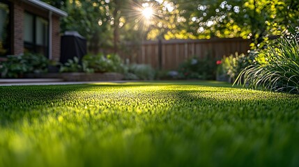 Poster - Sunlit Backyard with Lush Green Lawn and Vibrant Garden in Residential Setting : Generative AI