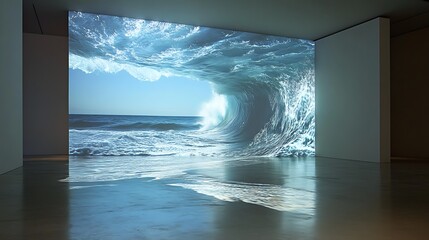 Aufkleber - Immersive Art Installation with Projected Ocean Waves Captivating Viewers in Minimalistic Gallery Space : Generative AI